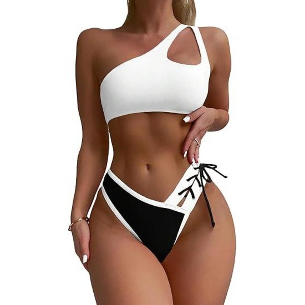 MSRP $32 SherryDC Women's L‎ White/Black One Shoulder Bikini Two Piece Swimsui